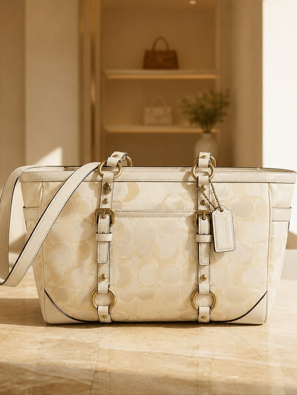 Coach Cream Signature Logo Tote with Gold Hardware Like New Condition